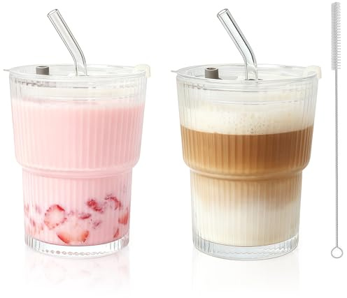 FANGCCC 2 Pack 400ml Iced Coffee Cups with Lids and Straws, Clear Ribbed Glass Tumblers with Glass Straws and Straw Brush, Glass Cups for Matcha, Smoothies, Iced Latte, Juice & Cold Drinks