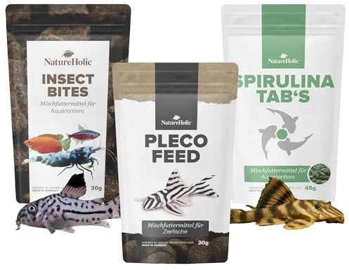 NatureHolic Set di compresse per cibo pesce gatto | Plecofeed, Spirulina Tabs & Insect Bites | Fornitura di sostanze nutritive variegate per pesce gatto succhiato, invertebrati e pesci del suolo | Con