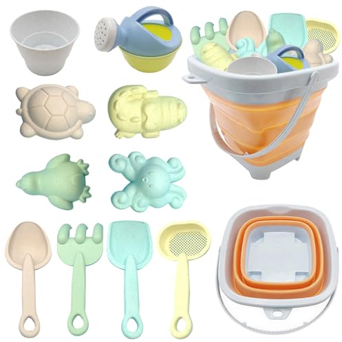 Eymobad 11 Stück Sandspielzeug Kinder,Strandspielzeug Sandkasten Spielzeug mit Faltbarer Silikon-Eimer,Sandschaufel & bunten Sandformen, Outdoor Gartenspielzeug für Mädchen & Jungen - Orange