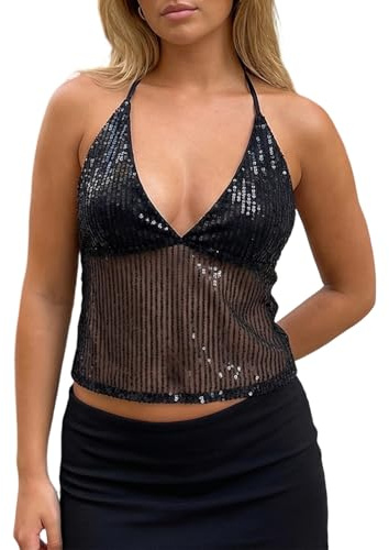 Edhomenn Womens Sequin Top Sheer Mesh Sparkly Halter Top Backless Tie Tops | Sexy Open Back & Strappy Cropped, Summer Y2k Outfits Perfect for Concert Rave Party and Going Out