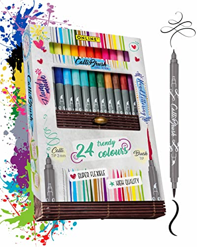 ONLINE Brush-Pen Set Calli.Brush I 24 Double-Tip Pinselstifte mit Kalligrafie-Spitze & Pinselspitze I farbenfrohe Handlettering Stifte für Kalligraphie, Bullet Journals & Co. I in Bambus-Box