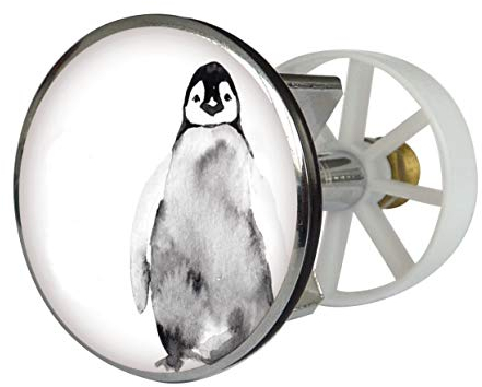Sanitop-Wingenroth Excenterstopfen mit Motiv Pingui | Abflussstopfen mit Haarfangsieb | Durchmesser: 38-40 mm | Zentrierstern | höhenverstellbare Schraube | chrom | 19643 7, Pinguin