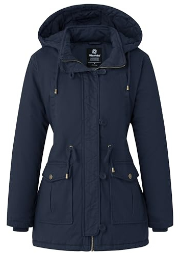 Wantdo Giacca da Donna Caldo Invernale Lungo Parka Elegante Imbottita con Cappuccio Antipioggia Autunnale Cappotto a Vento Blu Scuro M