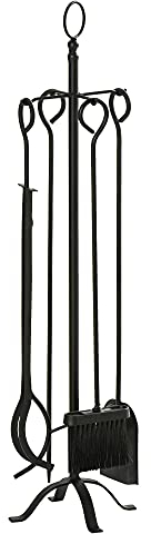 Outsunny Set Attrezzi per Camino 5 Pezzi, Base con Attizzatoio, Pinza, Paletta e Scopa in Metallo, 20x20x82.5cm, Nero