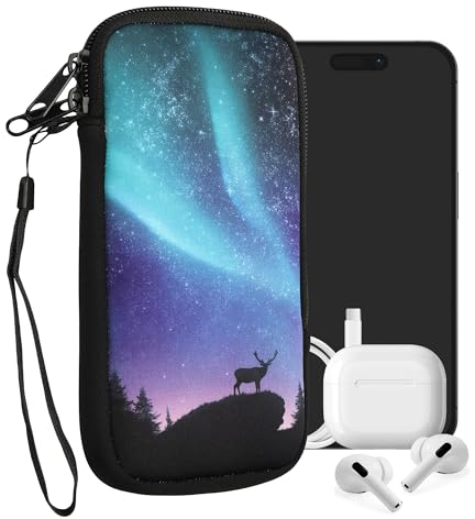 kwmobile Handytasche für Smartphones XL - 6,7/6,8 - Neopren Handy Tasche Hülle Cover Case Schutzhülle - Polarlicht Hirsche Türkis Blau Schwarz - 17,2 x 8,4 cm Innenmaße