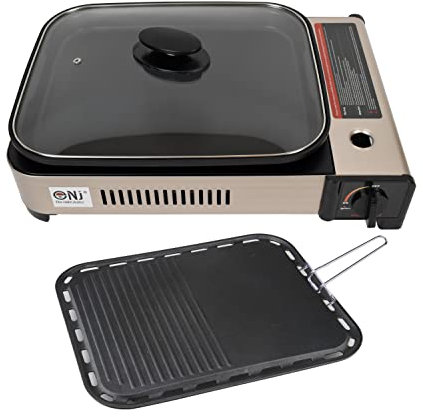 NJ Portable Gas BBQ Grill Plate Non-stick Deep Dish Pan Stove Camping Cooker Glass LID