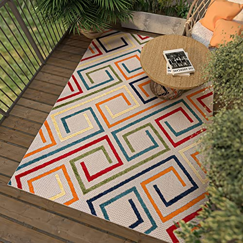 Mazovia Teppich Outdoor Wetterfest - Teppiche für Terrasse, Garten - Balkon Teppich Wasserabweisend - Geometrisch - Bunt 160 x 230 cm