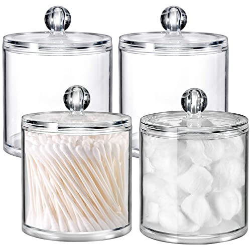 4 Pack Cotton Pad Holder, Cotton Bud Holder, Cotton Pad Dispenser with Lids | Acrylic Cotton Bud Qtip Holder Dispenser Bathroom Jar Canister for Bathroom Accessories for Bathroom, Vanity, Dressing Table