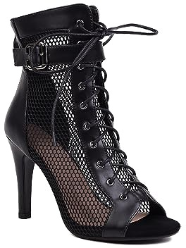 UTIKLIOU Womens Mesh Sandals Peep Toe High Top Sandals Lace Up Summer Boots Buckle Strap Party Sexy Pump Shoes Open toe (Black Size 10.5)