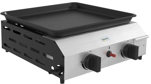 Outsunny Barbecue a Gas in Acciaio, Piastra a Gas Smaltato a 2 Bruciatori da 2.4kW, Griglia Barbecue Portatile con Piedini Regolabili e Vassoio Raccogli Grasso, Regolatore, Tubo, Argento