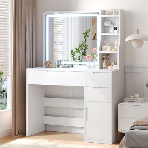 Brinlawb Toeletta Trucco con Luci LED 3 colori, Toletta da Trucco con Specchio, Postazione Trucco con 3 Cassetti, 3 ripiani aperti, Scrivania Trucco Toilette da Trucco con 1 Porta 40x90x135 cm Bianco