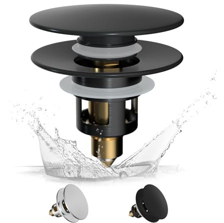 Hibbent Universaler Waschbeckenstöpsel (25-46mm), edeles Messing-Federkern-Druckventil,Pop-Up Abflusssieb Stöpsel für Waschbecken, Ersatz für Badewannen- und Küchensinkstopfen -Schwarz