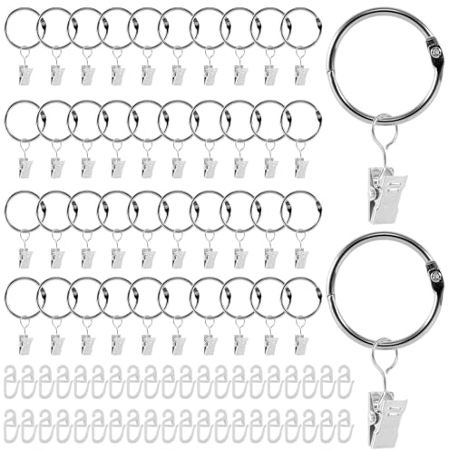 40Pcs Curtain Rod Ring Clips, 35mm ID Metal Drapery Ring Clips for Window | Rustproof Hanger Ring Hook Clip, Shower Blind Clip Rings with S Plastic Hooks, Curtain Hangers Clips for Bathroom Kitchen