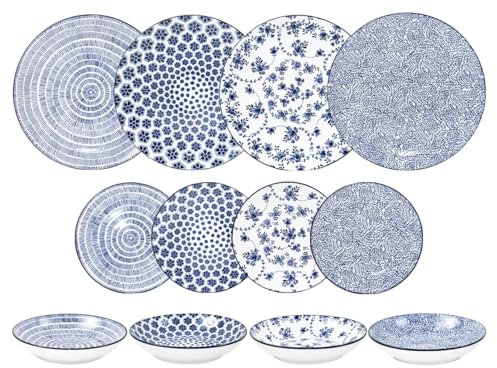 IBILI - Vajilla de 12 Piezas Armonia Azul, Platos de Porcelana para 4 personas