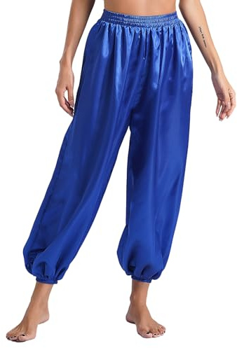 Freebily Pantalones De Danza del Vientre Mujer Pantalones Harén De Satén Pantalón Bombacho para Yoga Pilates Canaval Azul Real S