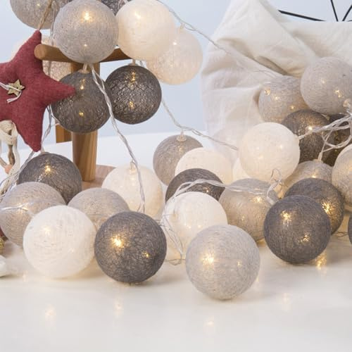 ENLACE Cadena de luces LED de bolas de algodón, 1,5 m, 10 ledes, bolas de algodón, 3 cm de diámetro, cadena de luces para fiestas infantiles, bodas, Navidad, color gris