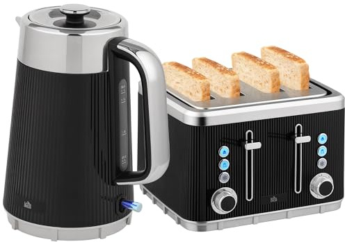 HOMCOM Electric Stainless Steel Kettle and Toaster Set, 3000W 1.7L UK Strix Thermostat Fast Boil Kettle w/Limescale Filter, Cool Touch Body, 4 Slice Toaster with 7 Browning Levels, Crumb Tray, Black