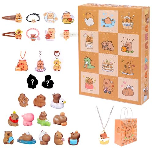 Christmas Advent Calendar 2025 24 Days Capybara Theme Advent Calendar Includes Mini Capybara Model, Bracelet, Necklace, Hairpin for Kids.