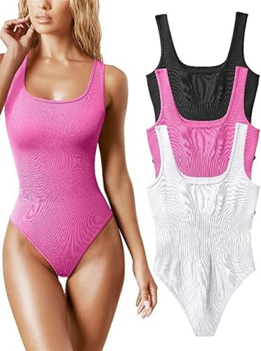 JXHSWDG 3-delade bodysuits för kvinnor Sexiga ribbade fyrkantiga halsringar Ärmlösa linne Body, Thong Shapewear Bodysuits