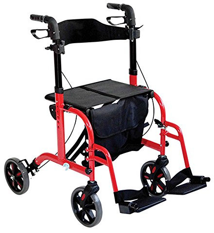 Aidapt Duo Deluxe Red Folding Light Weight 4 Wheeled Rollator Transit Chair Mobility Aid with Seat, Foot Plates, Carry Bag, Lockable Brakes and Puncture Proof Tyres for Indoor and Outdoor use.