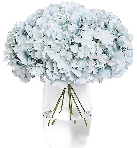 Tifuly Hydrangea Artificial Flowers -12 pcs Realistic Fake Hydrangeas Silk Flowers with Stems Faux Hydrangea Flowers Heads for Office Home Party Wedding Centerpiece DIY Floral Decor (Light Blue)