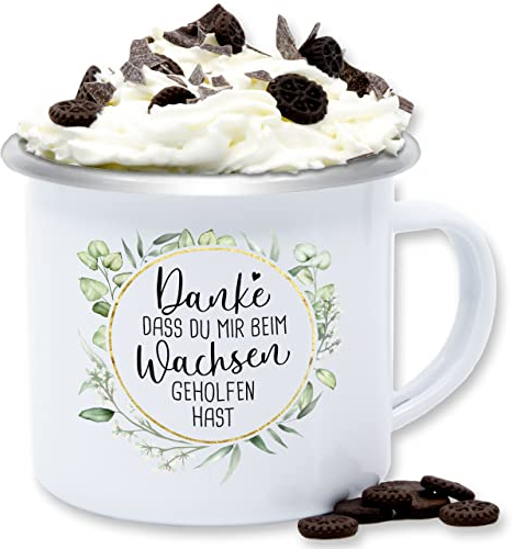 Emaille Tasse Blechtasse - Erzieherin - Tassen - Danke dass du mir beim Wachsen geholfen hast - 300 ml - Weiß Silber - erzieher erzieherinnen abschied teetasse für kindergärtner bester