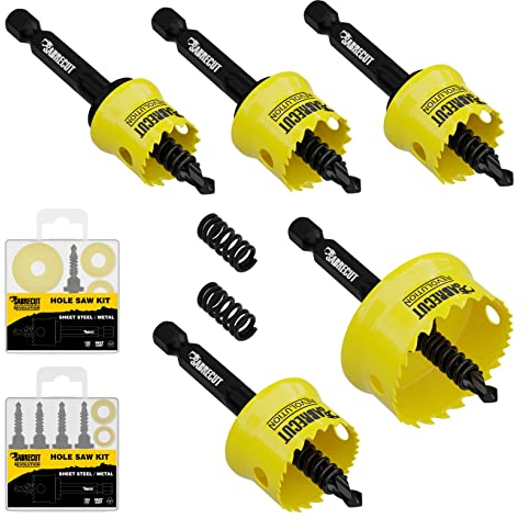 SabreCut HSMK5A - Sierras perforadoras de acero para pared (5 unidades, 16 mm, 20 mm, 22 mm, 25 mm, 32 mm, alto rendimiento, cuerpo de acero y eje de cobalto HSS M42 con perfil de dientes progresivo