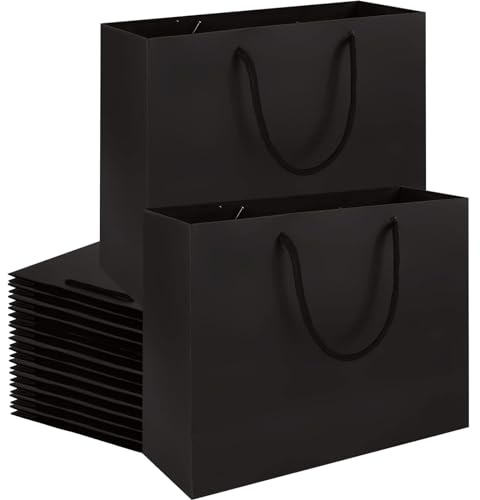 APACALI 20 Pack Black Gift Bags, 27 x 10 x 21cm Paper Bags with Handles, Black Paper Gift Bags, Reusable Paper Party Bags for Wedding, Birthday, Shopping
