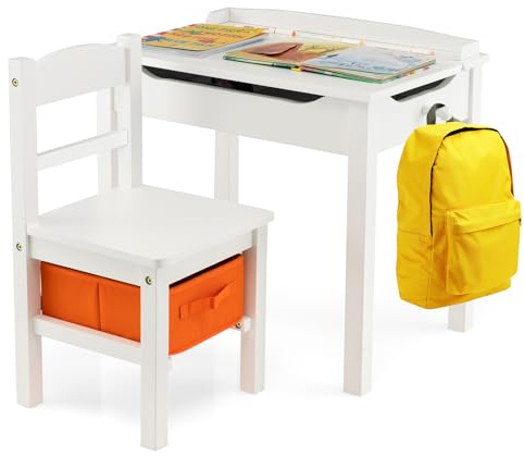 HONEY JOY Kids Table and Chair Set, Wooden Lift-Top Desk & Chair with Storage, Safe Hinged Lid, Activity Table Set for Craft Art, 2-Piece Children Furniture Set for Daycare, Kindergarten(White)