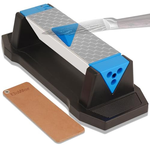 Dowox Pierre à aiguiser diamant 3 côtés, Grain 400/1000/8000 Aiguiseur de couteaux, Pierre à aiguiser diamant et céramique de qualité supérieure, Affûteur de couteauxavec cuir et guide d'angle
