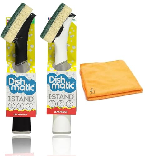 Zopper Dishmatic I-Stand - Set di 2 spazzole per lavare i piatti, con manico, spugne e panno in microfibra, con caratteristiche aggiuntive (il colore può variare), DRS_001