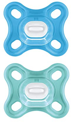 MAM Comfort Schnuller im 2er-Set, besonders kleiner und leichter Baby Schnuller für Früh- & Neugeborene aus 100% Silikon, mit weichem MAM SkinSoft Saugteil & Schnullerbox, 0-3 Monate, blau