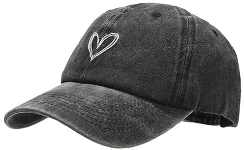 XYIYI Vintage Schwarzes Herz Basecap Verstellbare Distressed Washed Baseball Kappe für Damen Herren