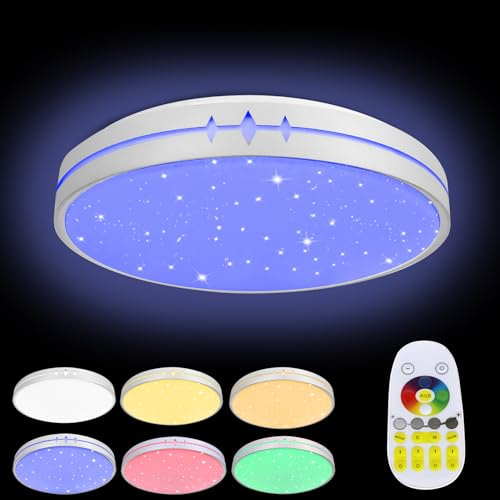 Froadp 60W Modern LED Deckenleuchte Dimmbar mit Fernbedienung 2800-6500K Energiesparende Deckenlicht RGB Farbwechsel ∅ 50cm Rund Deckenlampe für Schlafzimmer Wohnzimmer Küche (Typ A, mit Sterneffekt)
