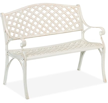 Relaxdays Panca da Giardino, Panchina a 2 Posti da Esterno, HLP: 83 x 103 x 64 cm, Design Vintage in Alluminio, Bianco