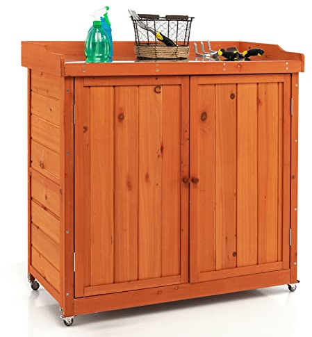 FANTASK Gartenschrank mit herausnehmbarem Regal, Holz Lagerschrank Garten auf Rollen, Stahl-Platte, Geräteschrank 98,5x48x100cm