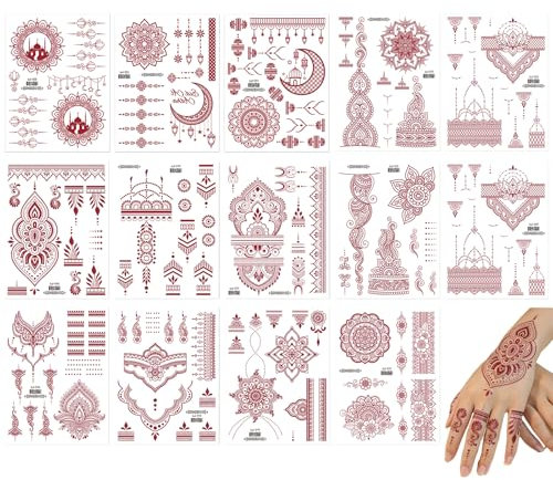 14 Sheets Brown Tattoos Sticker,Lotus Mandala Flower Temporary Tattoos,Waterproof Fake Tattoos Temporary Tattoo Kits For Women Girls(Neck Chest Arm）