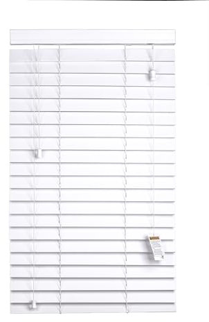 Funky Gadgets Custom Made to Measure Faux Wood Venetian Blinds Wooden Grain window Venetian Blind 50mm Horizontal Slats with White Silver/Grey String Child Safe (White, W60cmxL150cm)