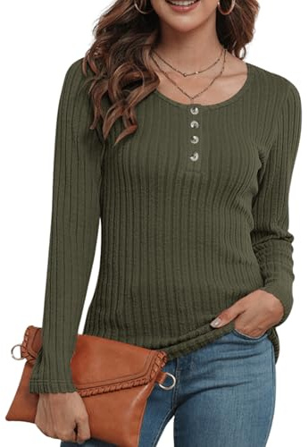 WNEEDU Maglione da Donna Slim, Magliette da Donna a Maniche Lunghe, Maglioni da Donna Casual, Magliette Henley Autunno, Magliette con Bottoni 2025, verde militare, S