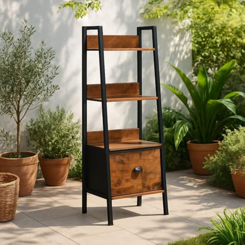 FurnitureR Étagères de Salons de Jardin, Support pour Plantes D'intérieur à 4 Niveaux, Porte Plante Escalier, Rangement avec Tiroirs en Non-Tissé, pour Salon, Balcon, Patio, Cour, 42 x 29 x 110 cm