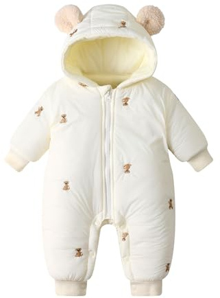 GigaCircle Baby Boy Girl Snowsuit, Soft Cute Bear Hooded Winter Romper Pram Suit, Infant Unisex Warm Coat Clothes, White Bear 6-12 Months