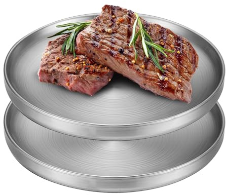LEKEFETO 2 piatti in acciaio inox: Φ 23 cm, piatti piani a doppia parete, piatti rotondi in acciaio inox, piatti da colazione, piatti da portata per cucina, feste, campeggio, picnic, escursioni, par