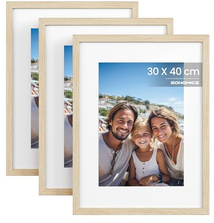 SONGMICS Marcos de Fotos, Juego de 3 Moldura, 30 x 40 cm | Portafotos, MDF y Plástico PS, Marcos para Cuadros de Pared, Regalo para Madre, Natural, Colección KAVI RPF057YZ01