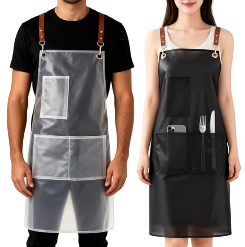 FunFlare 2 Pack Waterproof Translucent Apron with Large Pockets,Cross Back Apron Cooking Apron for Dishwashing, Cleaning Fish, Gardening, Lab Work, Butcher and Dog Grooming (Black&White)