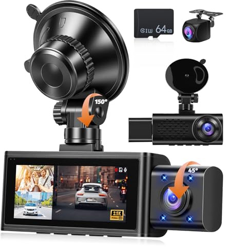 Fuluku 2.5K 3 Channel Dash Cam 360° View, 3.16'' DashCam Front and Rear Inside Camera for Cars, Screen Triple WiFi & APP/GPS/64GB Card/Night Vision/Loop Recording/G-Sensor/24H Parking Mode/Suction Cup