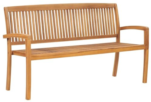 Mokuyary Trädgårdsbänk, 3-sits, stapelbar, 159 cm, massivt trä, teak, sittbänk, balkongbänk, utomhus, bänk för trädgård, terrass, balkong