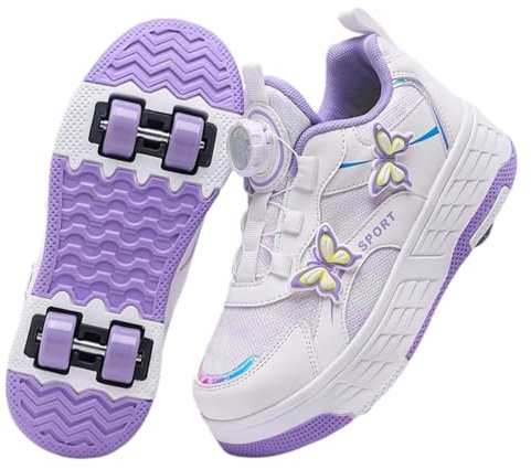 Surwin Zapatillas con 4 Ruedas Niña,Zapatos con Patines para Niñas Zapatos Deportivos de Niños con Ruedas 2 en 1 Hebilla Giratoria Decoración Mariposa Zapatillas de Skateboard 30-40 EU