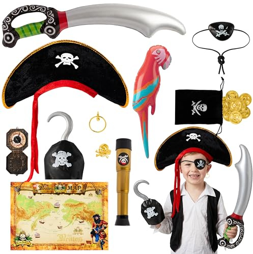 YINGENIVA Pirate Costume Accessories 12Pcs - Role Play Fancy Dress Set | Inflatable Sword & Parrot, Hat, Eye Patch, Hook, Treasure Map, Gold Coins for World Book Day Halloween Party