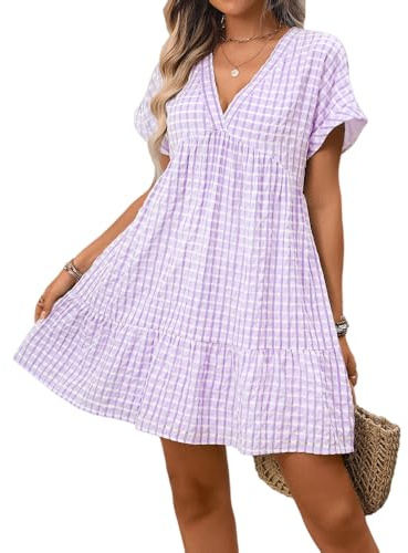 LCDIUDIU Robe Vichy pour Femme, Robe Courte Fluide À Col V Et Manches Retroussées, Coupe Trapèze, Style Babydoll, Idéale pour L'Été, Les Vacances La Plage, Les Soirées Le Quotidien. Violet,
