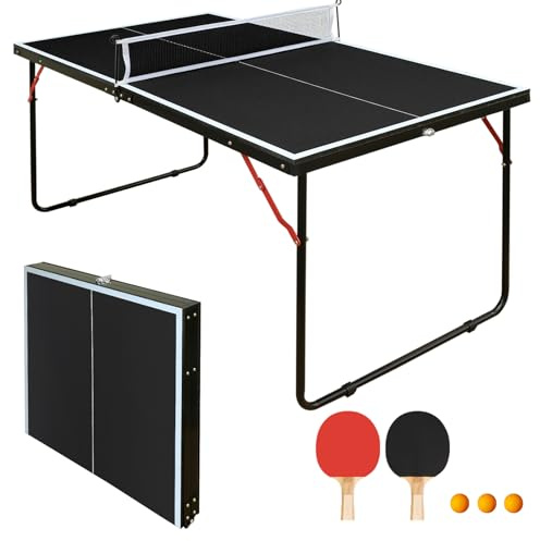 Mini bordtennisbord hopfällbar 137 x 76 cm – kompakt bordtennisbord inomhus och utomhus med nät, 2 racketar och 3 bollar – bärbart ping pongbord för lägenhet, kontor och trädgård – svart
